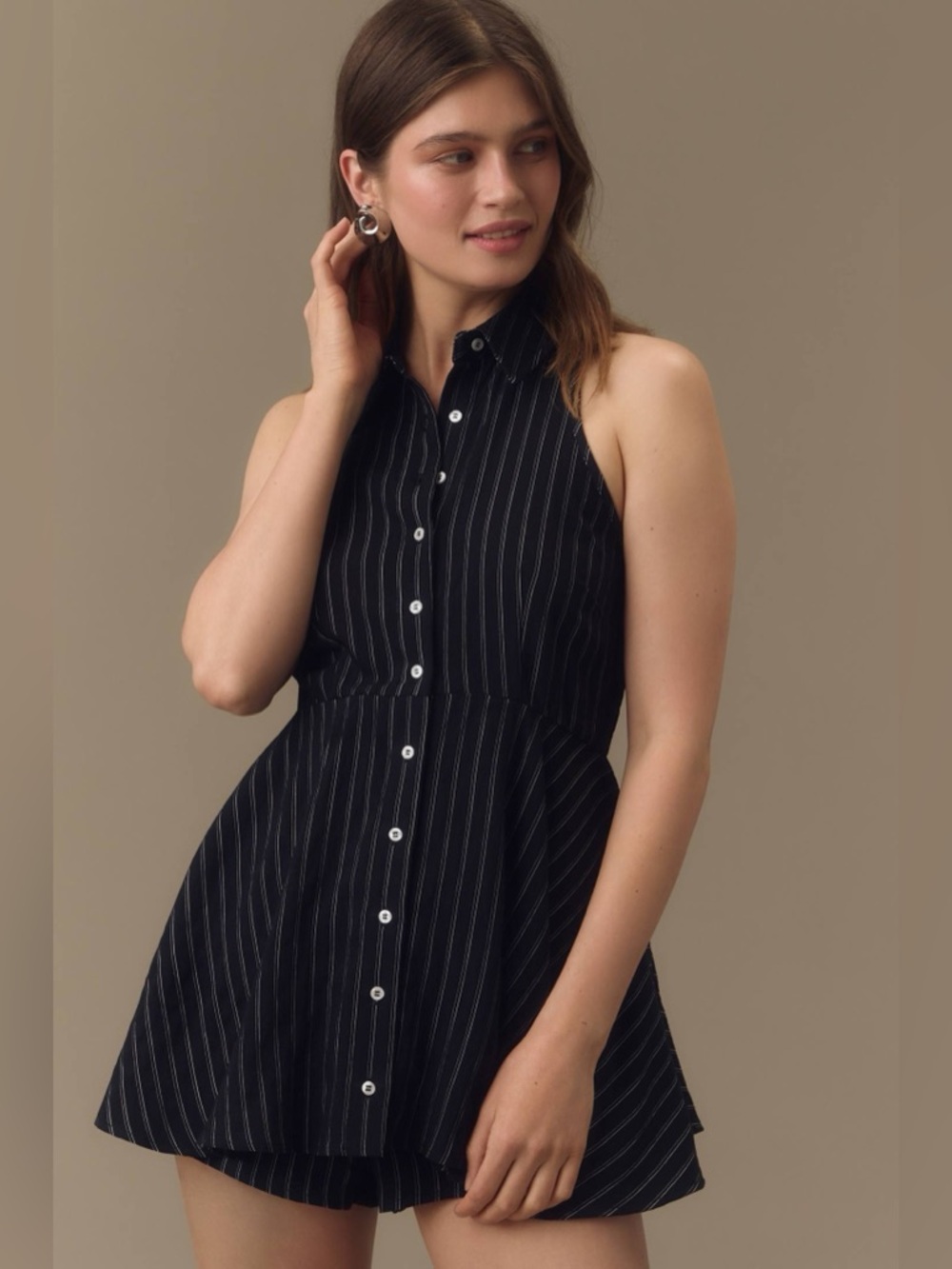 Maeve Anthropologie Layered Halter Romper Dress Black Pinstripe Sleeveless 12